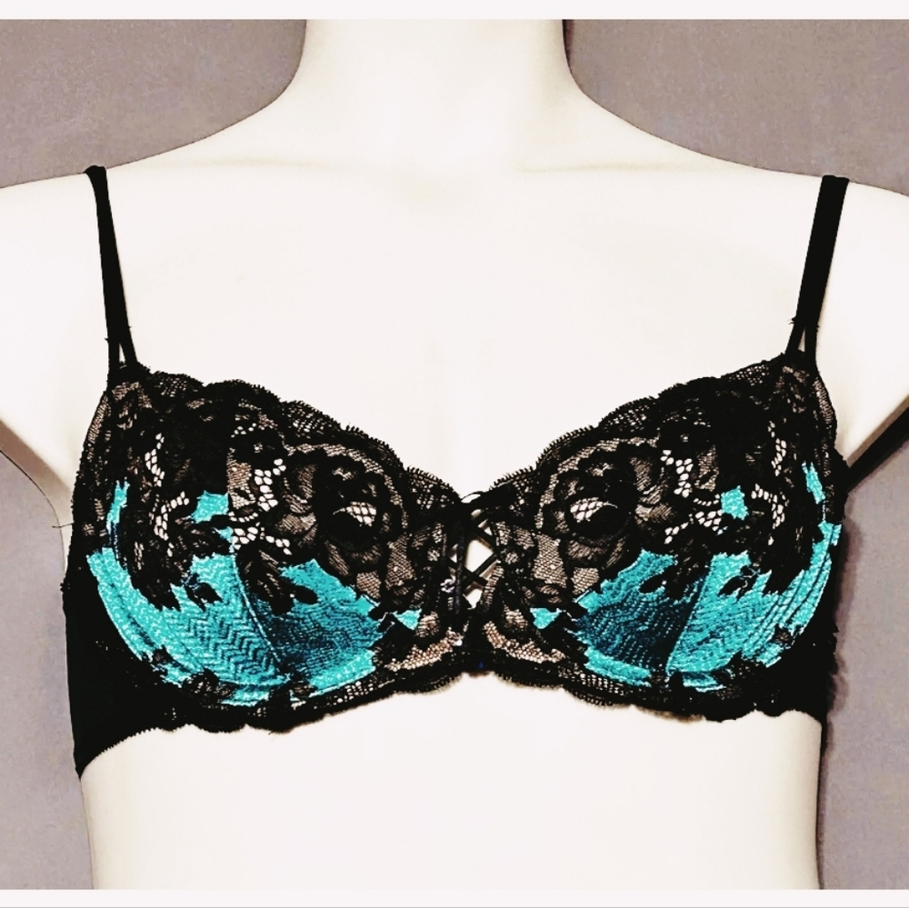Black Lace Underwire Bra with Teal Embroidery